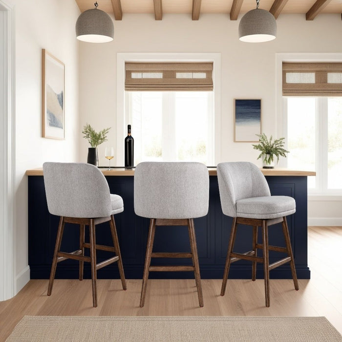 Sadie Brown Solid Wood Upholstered 30" Bar Height Swivel Barstool with Taupe Fabric Seat