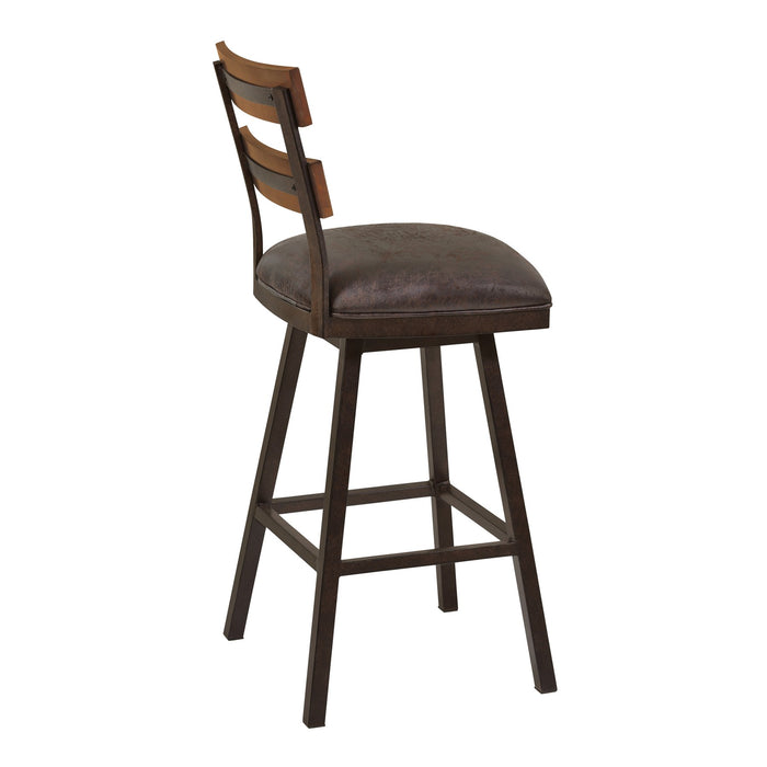 Saugus 30" Bar Height Metal Swivel Barstool in Bandero Espresso Fabric and Auburn Bay Finish with Walnut Wood Back