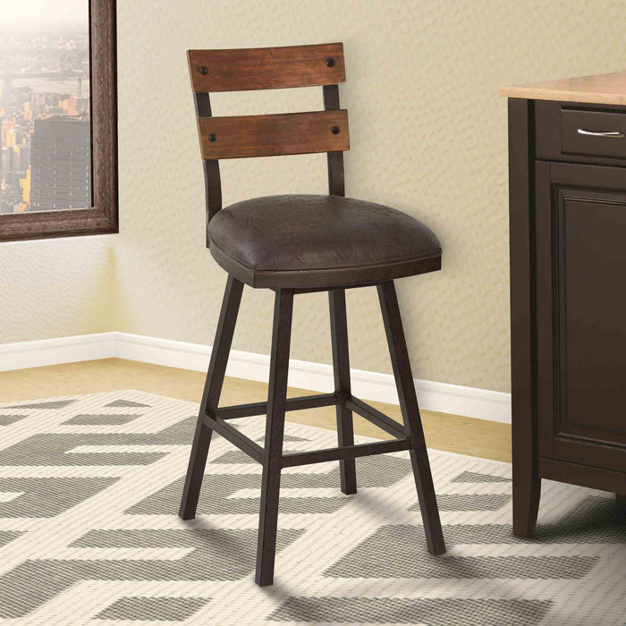 Saugus 30" Bar Height Metal Swivel Barstool in Bandero Espresso Fabric and Auburn Bay Finish with Walnut Wood Back