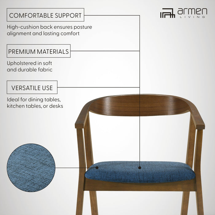 Santana Wood Dining Chair in Walnut Finish with Blue Fabric - Set of 2