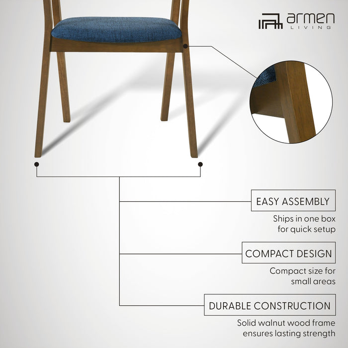 Santana Wood Dining Chair in Walnut Finish with Blue Fabric - Set of 2