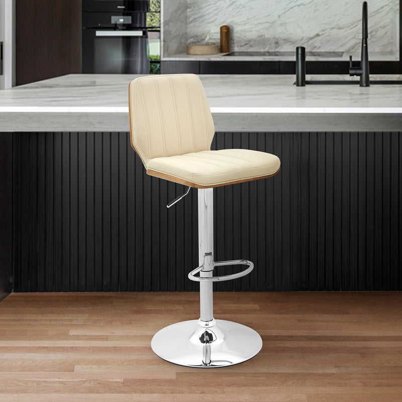Sabine Adjustable Swivel Cream Faux Leather with Walnut Back and Chrome Bar Stool - Furniture City (CA)l
