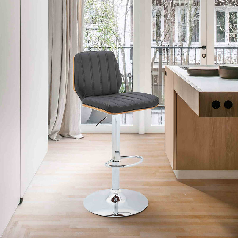 Sabine Adjustable Swivel Gray Faux Leather with Walnut Back and Chrome Bar Stool - Furniture City (CA)l