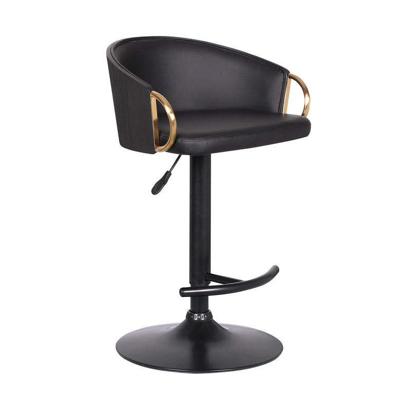 Solstice Adjustable Black Faux Leather Swivel Barstool With Black Powder Coated Finish and Gold Accents - Furniture City (CA)l