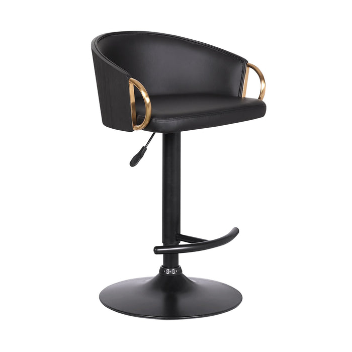 Solstice Adjustable Black Faux Leather Swivel Barstool With Black Powder Coated Finish and Gold Accents