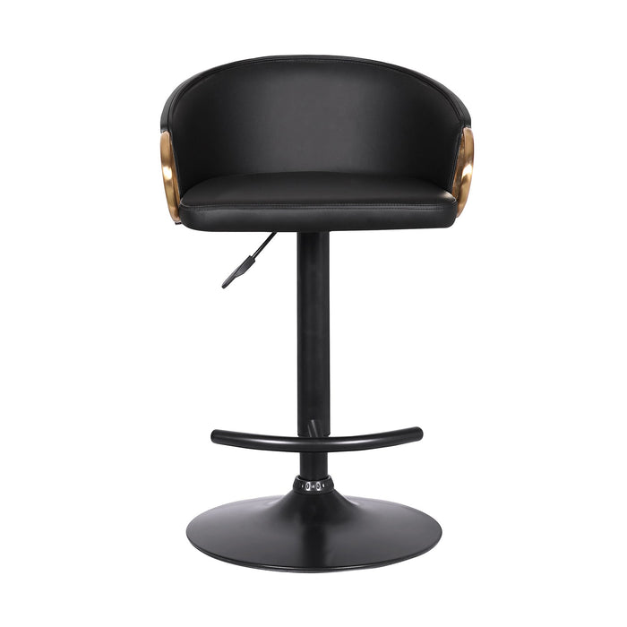 Solstice Adjustable Black Faux Leather Swivel Barstool With Black Powder Coated Finish and Gold Accents