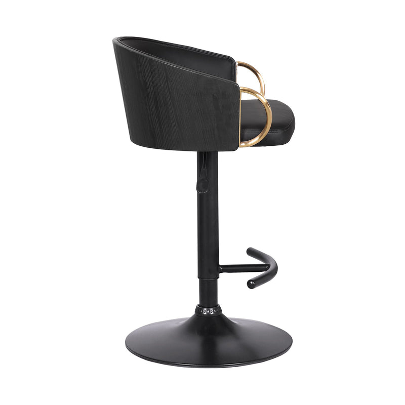 Solstice Adjustable Black Faux Leather Swivel Barstool With Black Powder Coated Finish and Gold Accents - Furniture City (CA)l