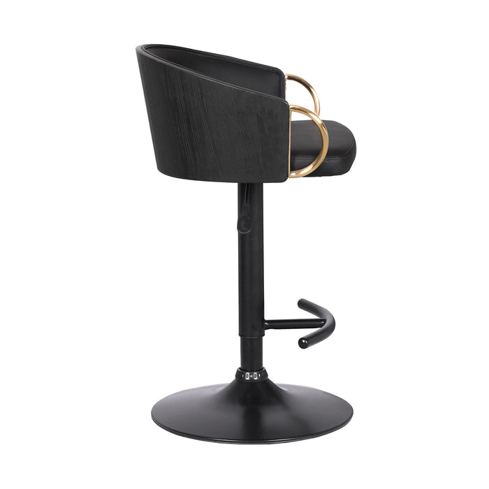 Solstice Adjustable Black Faux Leather Swivel Barstool With Black Powder Coated Finish and Gold Accents