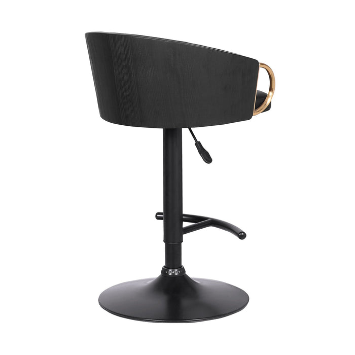 Solstice Adjustable Black Faux Leather Swivel Barstool With Black Powder Coated Finish and Gold Accents
