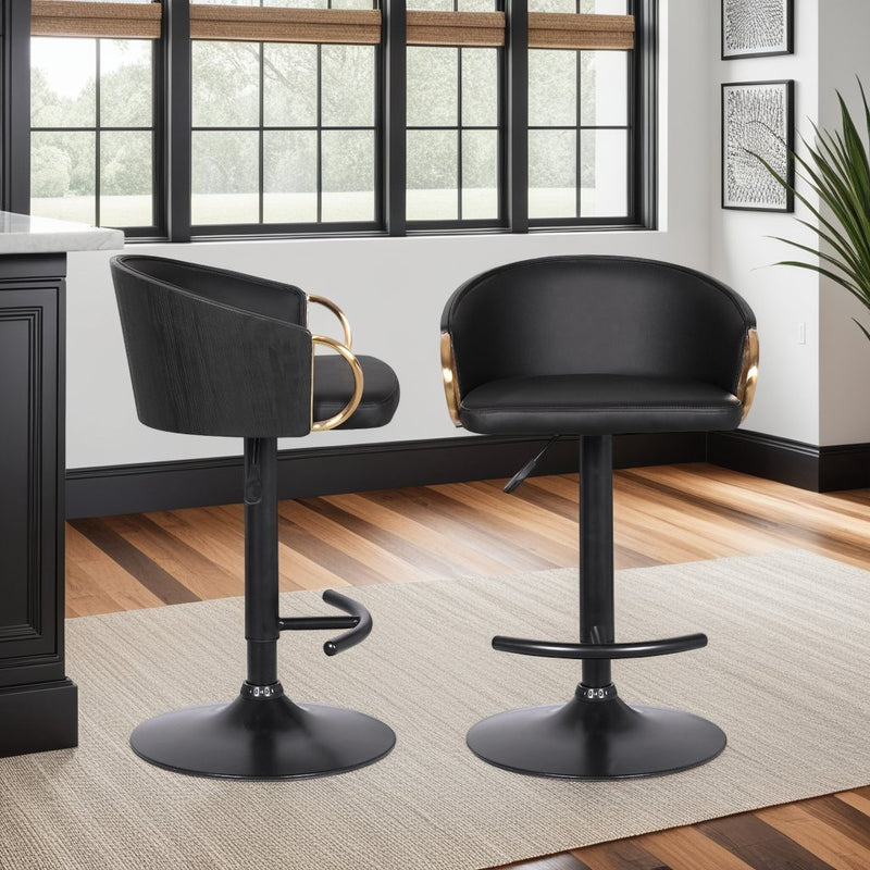 Solstice Adjustable Black Faux Leather Swivel Barstool With Black Powder Coated Finish and Gold Accents - Furniture City (CA)l