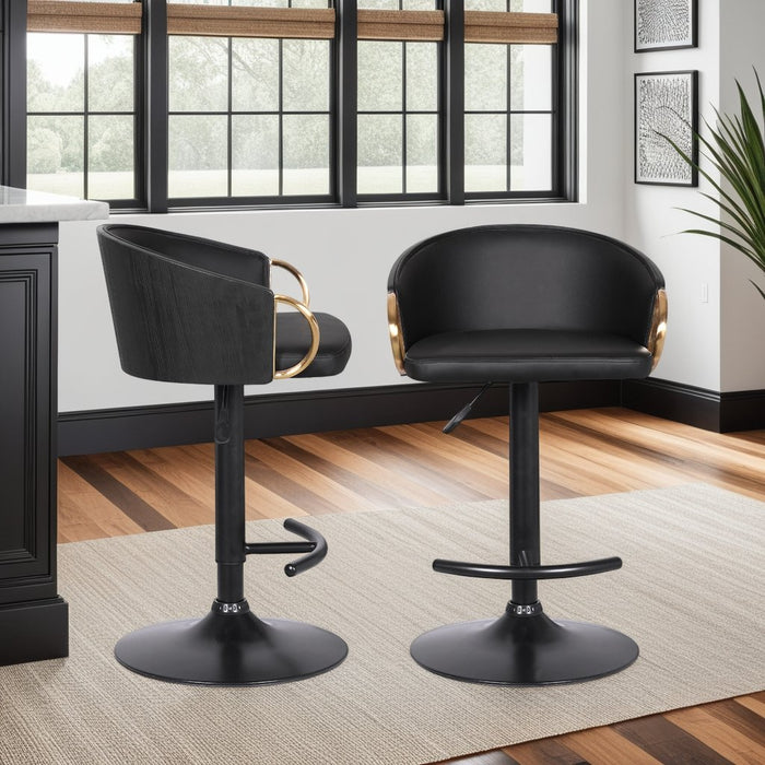 Solstice Adjustable Black Faux Leather Swivel Barstool With Black Powder Coated Finish and Gold Accents