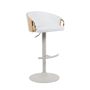 Solstice Modern Adjustable Swivel Barstool in Ivory Finish with White Upholstered Seat, Patterned Oak Wood Accents - Furniture City (CA)l