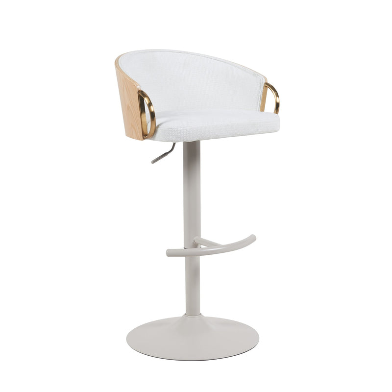 Solstice Modern Adjustable Swivel Barstool in Ivory Finish with White Upholstered Seat, Patterned Oak Wood Accents - Furniture City (CA)l