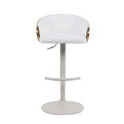 Solstice Modern Adjustable Swivel Barstool in Ivory Finish with White Upholstered Seat, Patterned Oak Wood Accents - Furniture City (CA)l