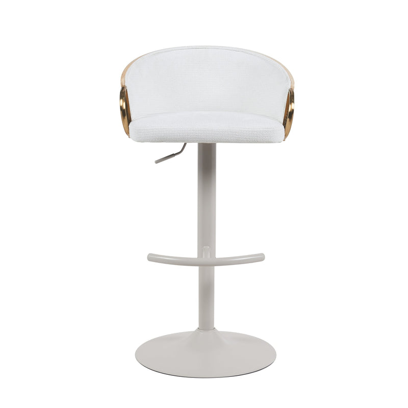 Solstice Modern Adjustable Swivel Barstool in Ivory Finish with White Upholstered Seat, Patterned Oak Wood Accents - Furniture City (CA)l