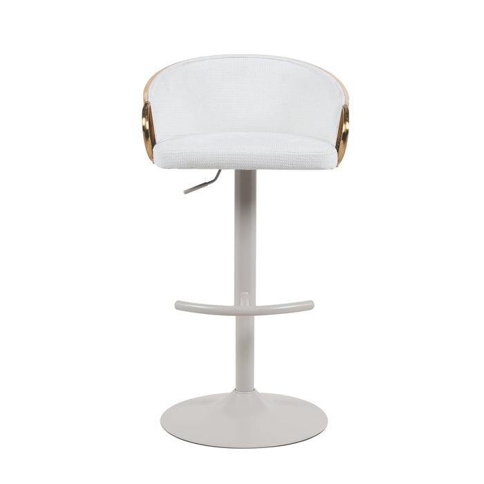 Solstice Modern Adjustable Swivel Barstool in Ivory Finish with White Upholstered Seat, Patterned Oak Wood Accents