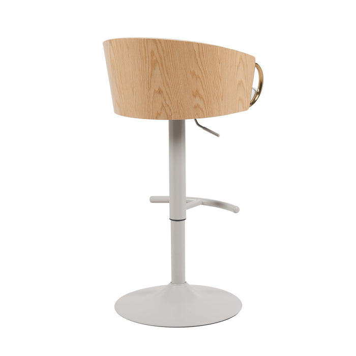 Solstice Modern Adjustable Swivel Barstool in Ivory Finish with White Upholstered Seat, Patterned Oak Wood Accents