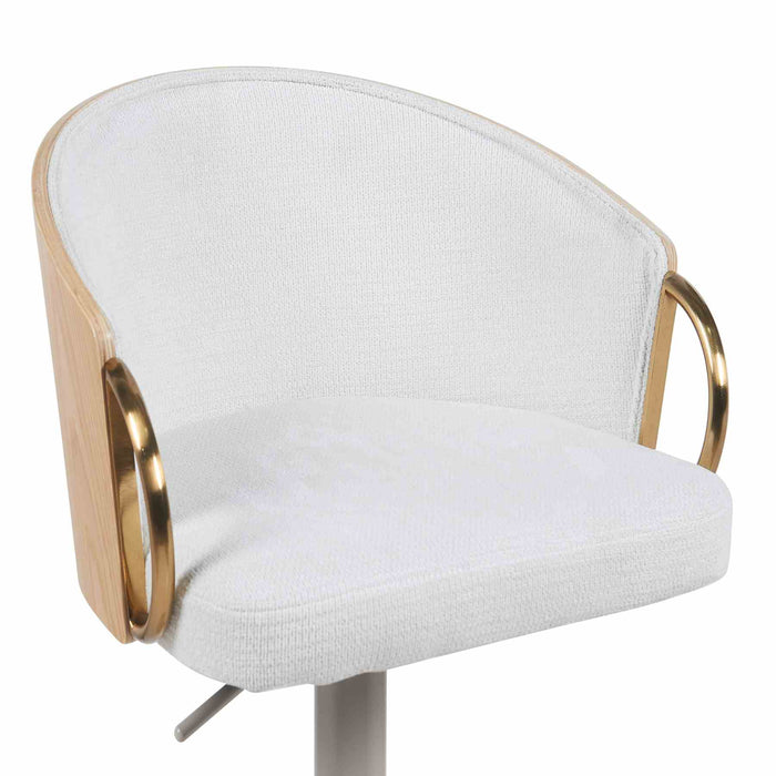 Solstice Modern Adjustable Swivel Barstool in Ivory Finish with White Upholstered Seat, Patterned Oak Wood Accents