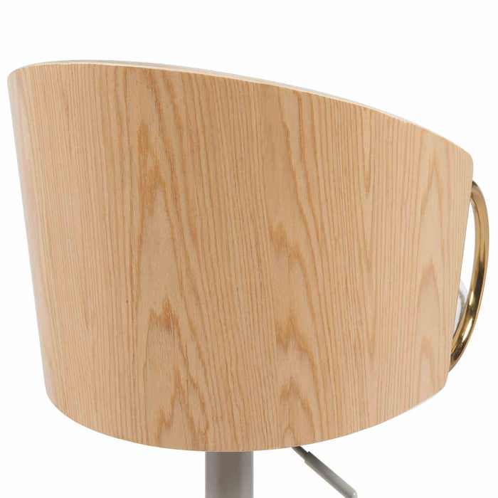 Solstice Modern Adjustable Swivel Barstool in Ivory Finish with White Upholstered Seat, Patterned Oak Wood Accents