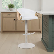Solstice Modern Adjustable Swivel Barstool in Ivory Finish with White Upholstered Seat, Patterned Oak Wood Accents - Furniture City (CA)l