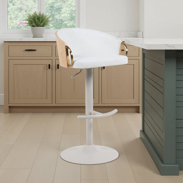 Solstice Modern Adjustable Swivel Barstool in Ivory Finish with White Upholstered Seat, Patterned Oak Wood Accents