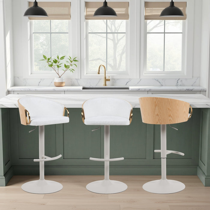 Solstice Modern Adjustable Swivel Barstool in Ivory Finish with White Upholstered Seat, Patterned Oak Wood Accents