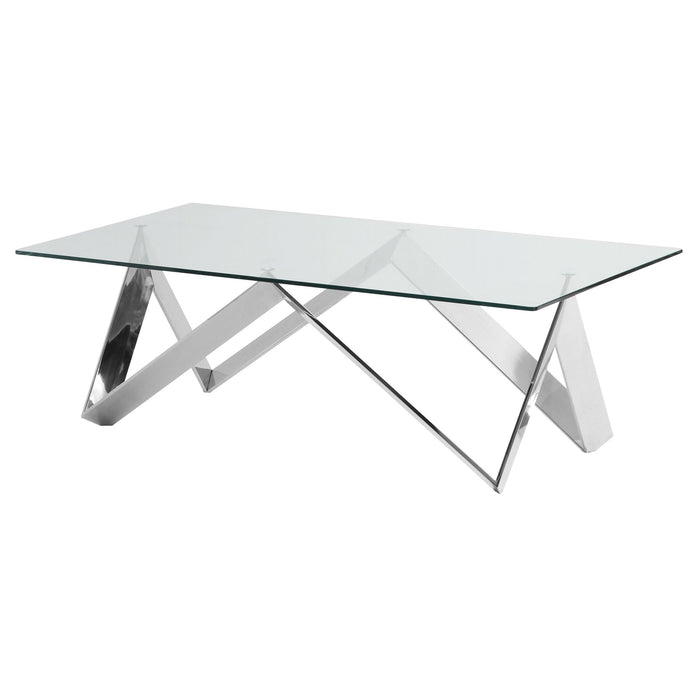 Scarlett Contemporary Rectangular Coffee Table in Polished Steel Finish with Tempered Glass Top