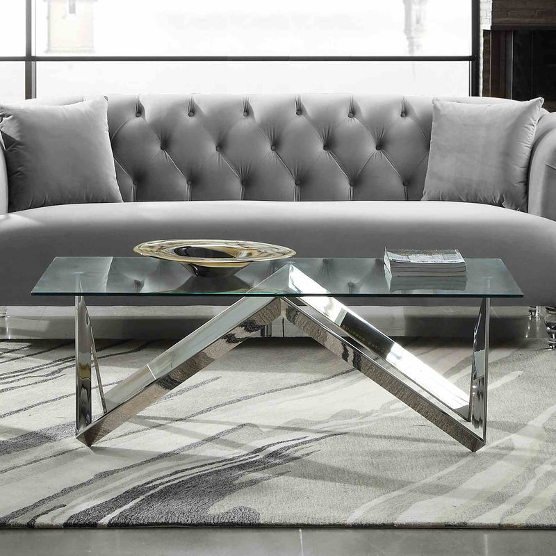 Scarlett Contemporary Rectangular Coffee Table in Polished Steel Finish with Tempered Glass Top - Furniture City (CA)l