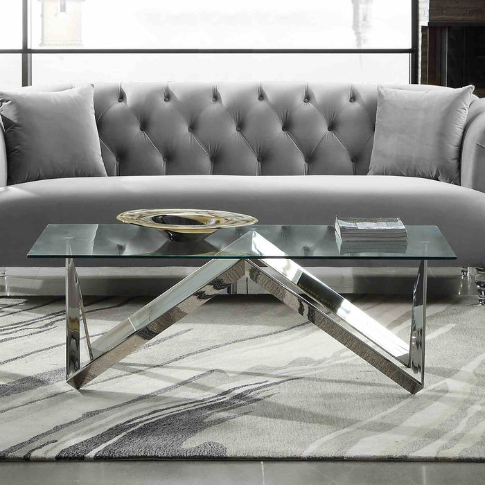 Scarlett Contemporary Rectangular Coffee Table in Polished Steel Finish with Tempered Glass Top