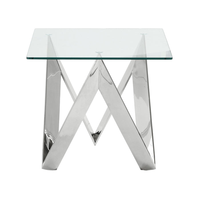 Scarlett Contemporary Square End Table in Polished Steel Finish with Tempered Glass Top