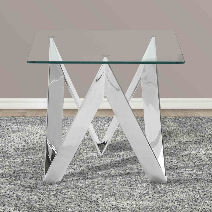 Scarlett Contemporary Square End Table in Polished Steel Finish with Tempered Glass Top