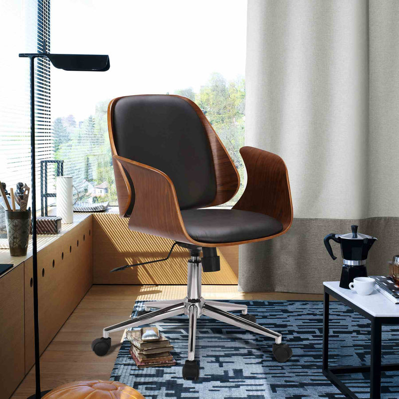 Santiago Mid-Century Office Chair in Black Faux Leather with Walnut Wood Finish - Furniture City (CA)l