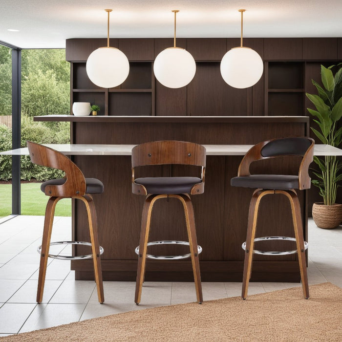 Shelly 30" Bar Height Swivel Brown Faux Leather and Walnut Wood Bar Stool