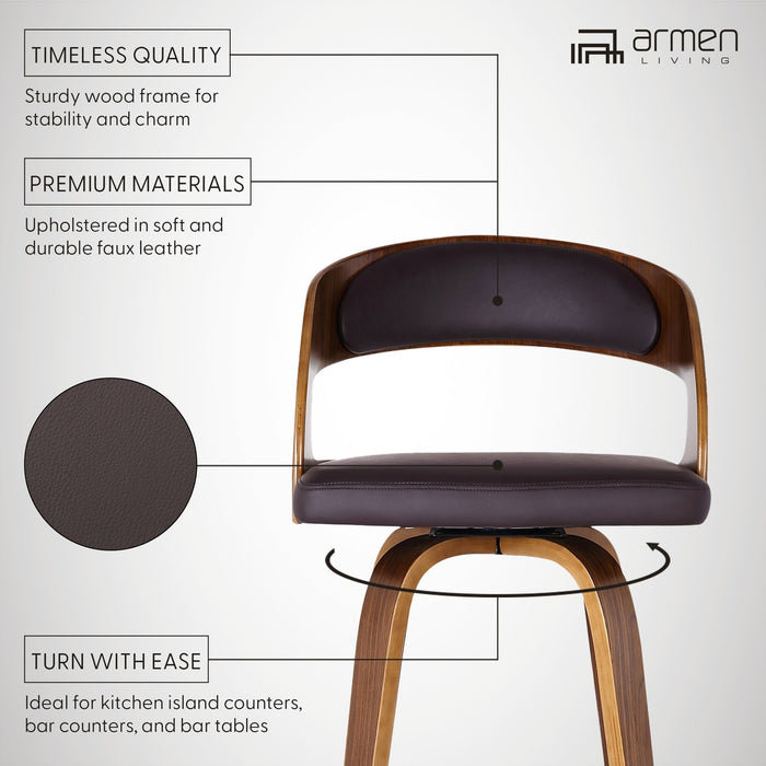 Shelly 30" Bar Height Swivel Brown Faux Leather and Walnut Wood Bar Stool