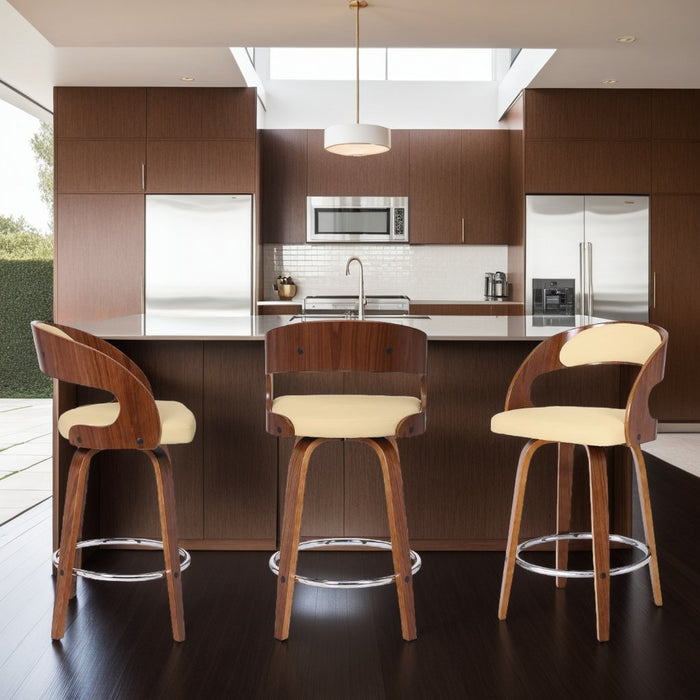 Shelly 26" Counter Height Swivel Cream Faux Leather and Walnut Wood Bar Stool