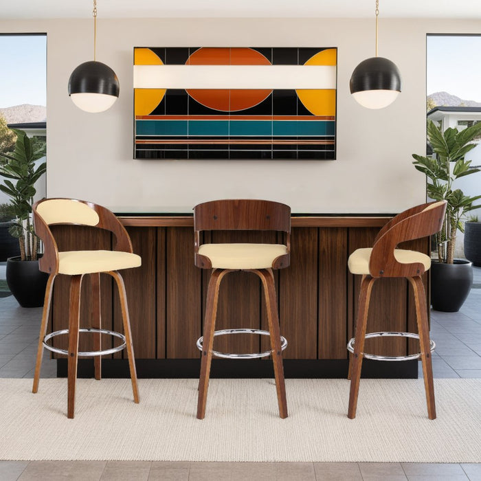 Shelly 30" Bar Height Swivel Cream Faux Leather and Walnut Wood Bar Stool