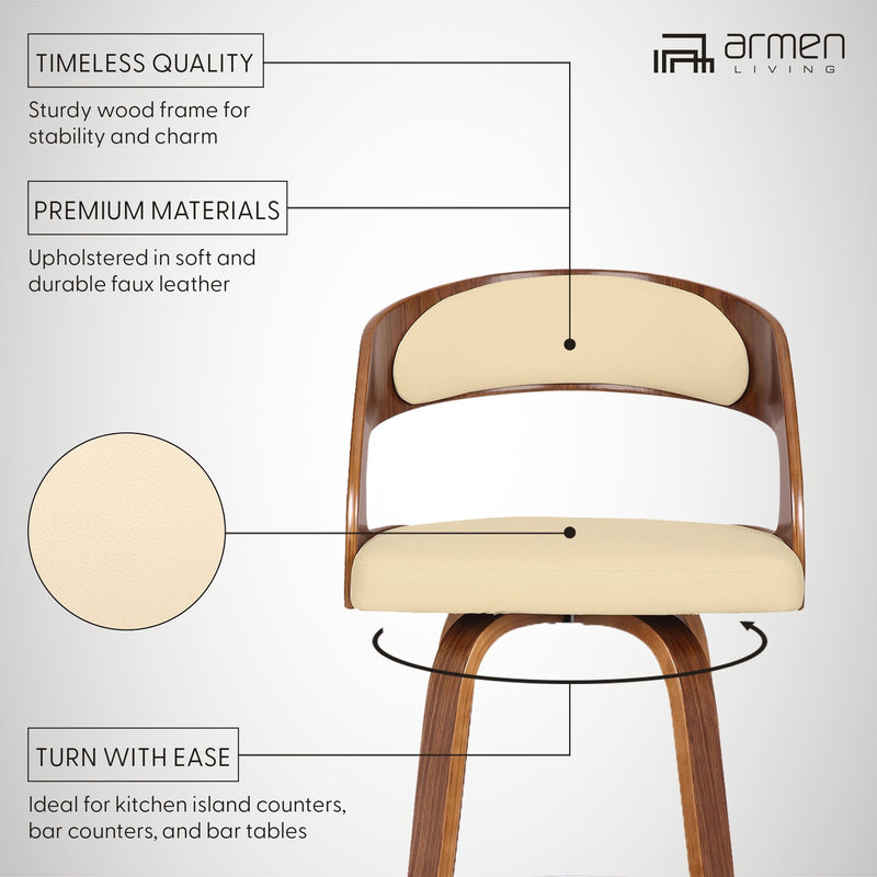 Shelly 30" Bar Height Swivel Cream Faux Leather and Walnut Wood Bar Stool - Furniture City (CA)l
