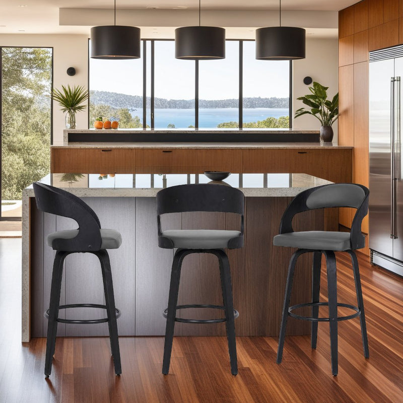 Shelly 30" Bar Height Swivel Gray Faux Leather and Black Wood Bar Stool - Furniture City (CA)l