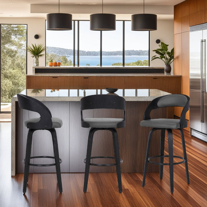 Shelly 30" Bar Height Swivel Gray Faux Leather and Black Wood Bar Stool