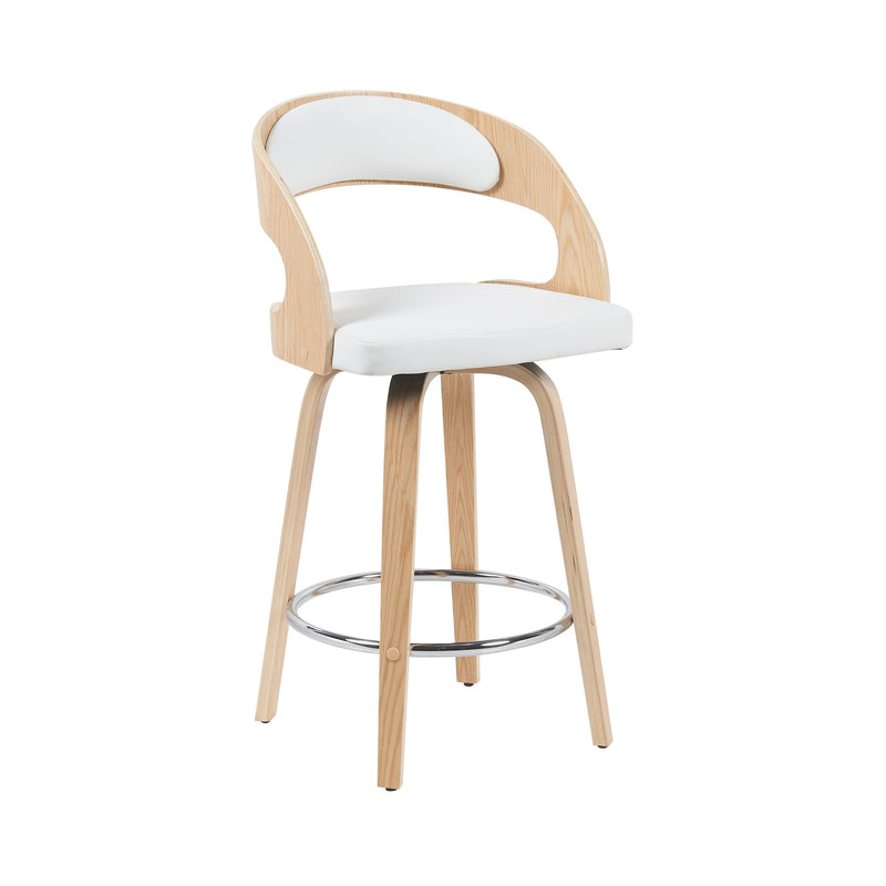 Shelly Modern Counter Height Swivel  Bar Stool in Patterned Oak Finish with White Faux Leather Upholstered Seat - Furniture City (CA)l