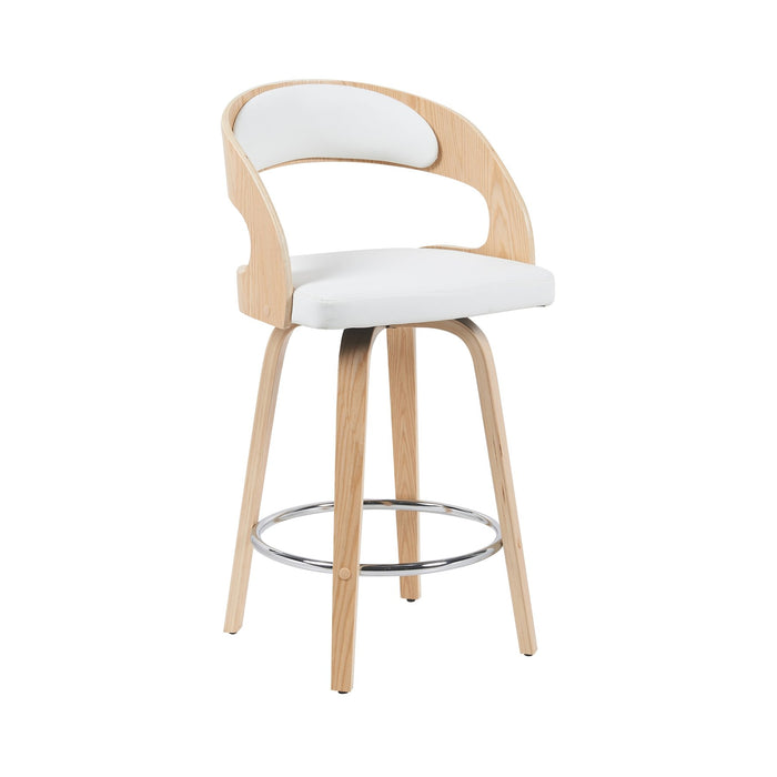 Shelly Modern Counter Height Swivel  Bar Stool in Patterned Oak Finish with White Faux Leather Upholstered Seat