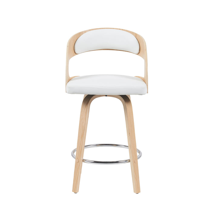 Shelly Modern Counter Height Swivel  Bar Stool in Patterned Oak Finish with White Faux Leather Upholstered Seat