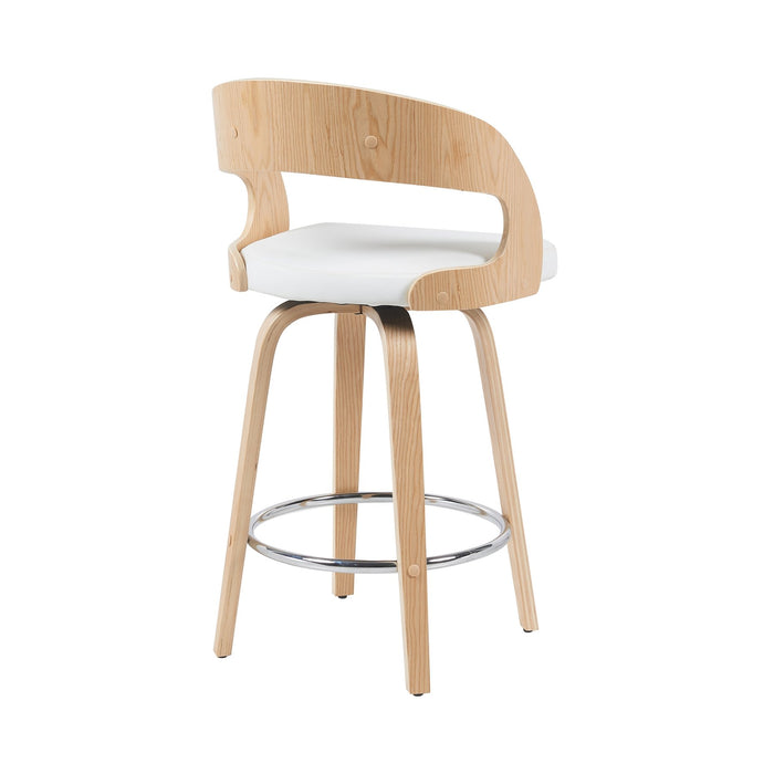 Shelly Modern Counter Height Swivel  Bar Stool in Patterned Oak Finish with White Faux Leather Upholstered Seat