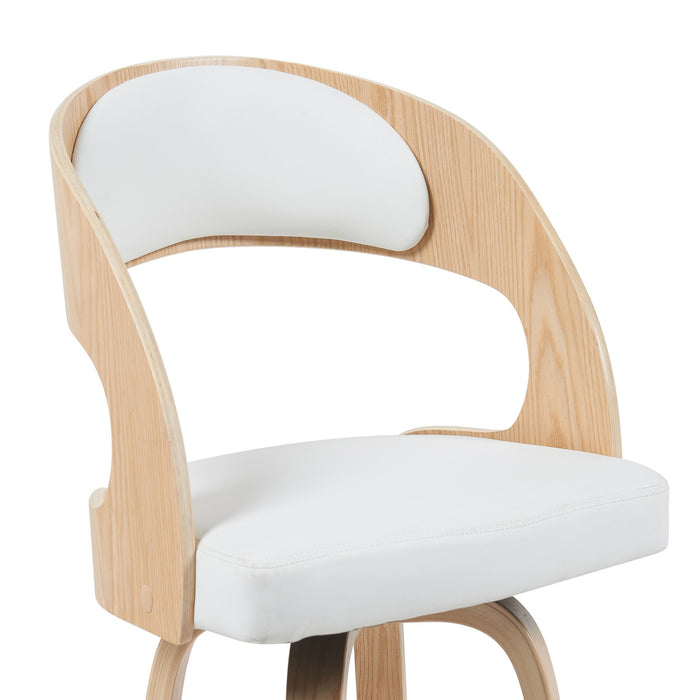 Shelly Modern Counter Height Swivel  Bar Stool in Patterned Oak Finish with White Faux Leather Upholstered Seat