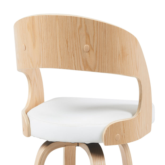 Shelly Modern Counter Height Swivel  Bar Stool in Patterned Oak Finish with White Faux Leather Upholstered Seat