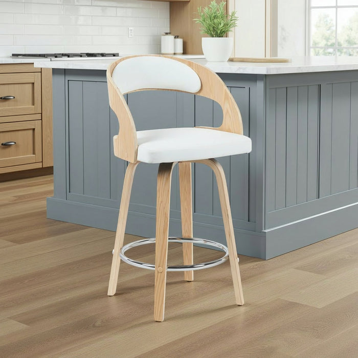 Shelly Modern Counter Height Swivel  Bar Stool in Patterned Oak Finish with White Faux Leather Upholstered Seat