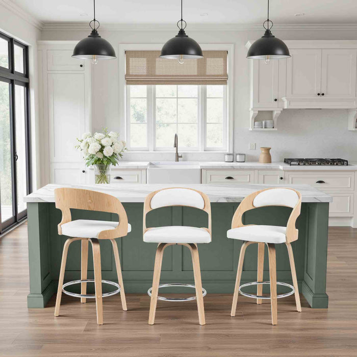 Shelly Modern Counter Height Swivel  Bar Stool in Patterned Oak Finish with White Faux Leather Upholstered Seat