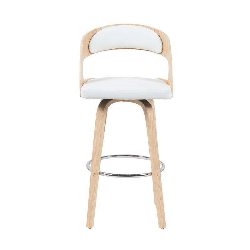 Shelly Modern Bar Height Swivel  Stool in Patterned Oak Finish with White Faux Leather Upholstered Seat - Furniture City (CA)l