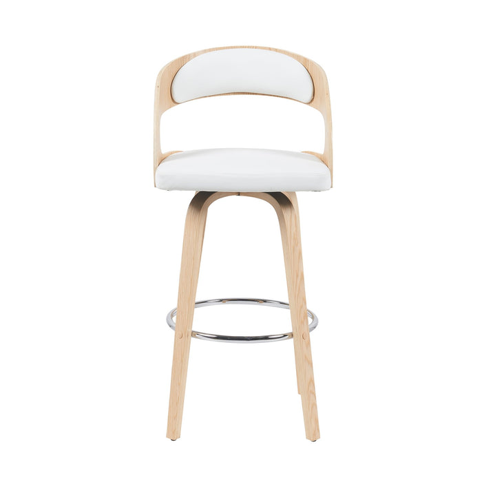 Shelly Modern Bar Height Swivel  Stool in Patterned Oak Finish with White Faux Leather Upholstered Seat