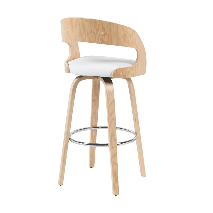 Shelly Modern Bar Height Swivel  Stool in Patterned Oak Finish with White Faux Leather Upholstered Seat